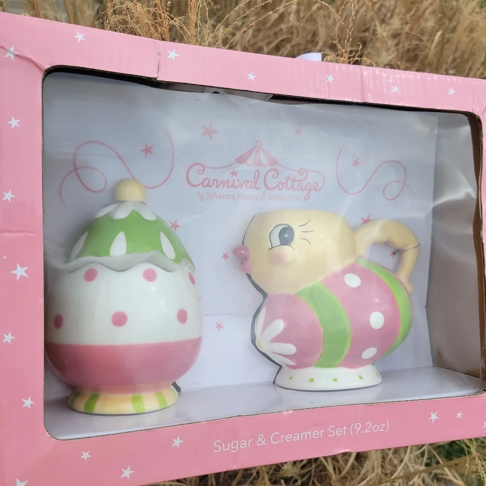 Johanna Parker Carnival Cottage Easter Chick & Egg Cream & Sugar Set~ NIB